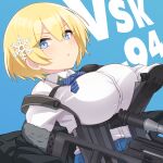  1girl :o bangs belt black_gloves black_jacket blonde_hair blue_background blue_belt blue_eyes blue_neckwear blue_skirt breasts button_gap character_name collared_shirt commentary eyebrows_visible_through_hair girls_frontline gloves gun hair_between_eyes hair_ornament highres holding holding_gun holding_magazine_(weapon) holding_weapon jacket large_breasts long_sleeves looking_at_viewer magazine_(weapon) mole mole_under_eye neck_ribbon off_shoulder ribbon shirt shirt_tucked_in short_hair sidelocks simple_background skirt snap-fit_buckle snowflake_hair_ornament solo striped striped_neckwear underbust upper_body vsk-94 vsk-94_(girls_frontline) walkie-talkie weapon white_shirt yuki_shiro 