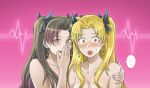 ... 2girls :o black_hair black_ribbon blonde_hair blush breasts collarbone covering_mouth earrings ereshkigal_(fate) fate/grand_order fate_(series) freega hair_ribbon hand_on_another&#039;s_shoulder hoop_earrings ishtar_(fate) ishtar_(fate)_(all) jewelry looking_at_viewer medium_breasts multiple_girls nude red_eyes ribbon smile speech_bubble spoken_ellipsis surprised sweatdrop two_side_up 