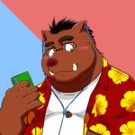  1:1 2021 anthro blush brown_body brown_fur cellphone clothing eyewear fur glasses headphones hi_res humanoid_hands iyhuh7vxmhdc9ht kemono male mammal overweight overweight_anthro overweight_male phone shirt smartphone solo suid suina sus_(pig) topwear wild_boar 