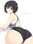  1girl amagami arm_support ass back_cutout bangs bare_shoulders bent_over black_hair blush breasts brown_eyes character_name closed_mouth clothing_cutout competition_swimsuit eyebrows_visible_through_hair from_behind halcon highres looking_at_viewer looking_back nanasaki_ai one-piece_swimsuit short_hair sideboob simple_background small_breasts smile solo swimsuit two-tone_swimsuit white_background 
