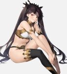  1girl armlet bangs bikini bikini_pull black_hair black_legwear bracelet breasts detached_sleeves earrings fate/grand_order fate_(series) gold_trim hair_ribbon heleif highres hoop_earrings ishtar_(fate) ishtar_(fate)_(all) jewelry legs long_hair looking_at_viewer medium_breasts neck_ring panties red_eyes ribbon single_detached_sleeve single_thighhigh sitting smile swimsuit thighhighs thighs tiara two_side_up underwear 