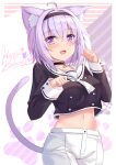  1girl :d ahoge animal_ear_fluff animal_ears benchen06 black_choker black_shirt breasts cat_ears cat_girl cat_tail choker cowboy_shot crop_top crop_top_overhang hairband happy_birthday highres hololive large_breasts long_sleeves looking_at_viewer midriff navel nekomata_okayu open_mouth purple_eyes purple_hair sailor_collar shirt short_hair shorts smile solo standing stomach tail tail_raised virtual_youtuber white_shorts 