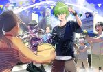  3girls 4boys :d amami_rantarou antenna_hair arms_up bare_arms bare_shoulders blush bucket building choker closed_eyes collarbone cowboy_shot danganronpa_(series) danganronpa_v3:_killing_harmony day fat fat_man goggles green_eyes green_hair grin hand_up highres jewelry kuangtai_(amami_ryoko) multiple_boys multiple_girls necklace one_eye_closed open_clothes open_mouth open_shirt outdoors pale_skin pants people red_choker shirt shorts smile striped striped_shirt upper_teeth vertical_stripes water water_gun wet wet_clothes wet_hair white_shirt wide_sleeves 