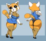  absurd_res ailurid anthro big_breasts big_butt bottomwear breasts butt clothed clothing female footwear fur hi_res huge_butt looking_at_viewer mammal nipples open_mouth panties red_panda shirt shocked shoes simple_background skirt solo standing_tough thick_thighs topwear underwear wide_hips 
