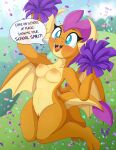  absurd_res anthro blue_eyes breasts cheerleader confetti detailed_background dragon fangs female friendship_is_magic genitals hi_res horn jumping my_little_pony nipples open_mouth orange_body orange_scales pearlyiridescence pom_poms pussy scales smolder_(mlp) solo text tongue wings 