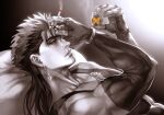  1boy biceps bracelet cigarette closed_mouth collarbone cu_chulainn_(fate)_(all) cu_chulainn_(fate/grand_order) earrings elbow_gloves fate/grand_order fate_(series) fingerless_gloves from_side gloves jewelry kim_yura_(goddess_mechanic) long_hair lying male_focus muscular muscular_male on_back runes skin_tight smoke smoking solo spiked_hair stone tank_top touching_forehead 