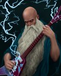  1boy artist_name bald beard black_background blue_cloak cigarette cloak commentary_request electric_guitar facial_hair guitar holding holding_instrument instrument lips looking_at_viewer male_focus manly music no_pupils old old_man original playing_instrument realistic sevi solo upper_body white_eyes wide_sleeves wizard 