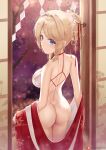  1girl ass azur_lane back bangs bare_back bare_shoulders blonde_hair blue_eyes blush breasts closed_mouth eyebrows_visible_through_hair from_behind glorious_(azur_lane) glorious_(pungent_plum)_(azur_lane) hair_bun hair_ornament hair_stick highres japanese_clothes joko_jmc kanzashi kimono looking_at_viewer looking_back medium_breasts off_shoulder official_alternate_costume open_clothes open_kimono patreon_logo patreon_username red_kimono short_hair sideboob sidelocks sliding_doors solo swept_bangs tree 