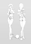  1girl absurdres ball_and_chain_restraint bandages barefoot bdsm bondage bound chen_zi commentary_request full_body grey_background grin highres lineart middle_finger midriff monochrome navel original partially_visible_vulva rope shibari short_shorts shorts skindentation smile solo 
