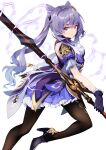  1girl absurdres black_legwear breasts dark_fuu dress frilled_dress frills genshin_impact gloves half-closed_eyes high_heels highres holding holding_sword holding_weapon keqing_(genshin_impact) pantyhose purple_eyes purple_hair solo sword twintails weapon 