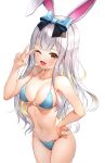  1girl ;d animal_ears bangs bare_arms bare_shoulders bikini blue_bikini blue_bow blush bow breasts brown_eyes bunny_ears cleavage collarbone eyebrows_visible_through_hair hair_bow hand_on_hip hand_up looking_at_viewer lunacle medium_breasts mochizuki_himari navel one_eye_closed open_mouth silver_hair simple_background smile solo swimsuit uni_create v virtual_youtuber white_background 