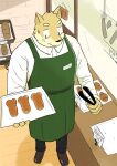  2021 absurd_res anthro apron bakery bottomwear bread brown_body brown_fur canid canine canis clothing detailed_background domestic_dog food fur hayahaya hi_res inside kemono male mammal pants shirt solo topwear 