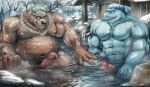  2021 abs absurd_res anthro balls belly censored detailed_background duo erection fish flirting genitals goro_(live-a-hero) hi_res hot_spring huge_filesize humanoid_genitalia humanoid_penis isaribi live-a-hero male male/male mammal marine musclegut muscular muscular_male pecs penis scar shark snow tor@ ursid water 