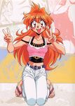  90s araizumi_rui armpits belt blush breasts casual cleavage contemporary crop_top denim feet headband highres jeans kneeling lina_inverse long_hair medium_breasts midriff nail_polish navel non-web_source off_shoulder one-piece_swimsuit orange_hair pants pink_nails red_eyes sandals slayers solo swimsuit tank_top toenail_polish v 