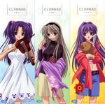  boar botan_(clannad) casual clannad dress fujibayashi_kyou glasses hair_bobbles hair_ornament hairband highres holding holding_eyewear ichinose_kotomi instrument long_hair midriff multiple_girls navel non-web_source official_art pig sakagami_tomoyo scan shorts sundress two_side_up violin 