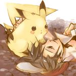  :o black_eyes brown_hair closed_eyes full_body gen_1_pokemon hat male_focus on_ground parted_lips pikachu pointy_ears pokemon pokemon_(creature) pokemon_special red_(pokemon) upper_body yama_(rabbit_room) 