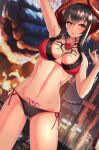  1girl arm_up bangs bikini black_bikini black_hair blurry blurry_background breasts chest_tattoo clyde_s commentary demon_girl demon_horns depth_of_field dutch_angle eliza_(tekken) english_commentary eyebrows_visible_through_hair eyeliner half-closed_eyes highres horns jewelry large_breasts looking_at_viewer makeup mismatched_bikini navel necklace parted_lips pubic_tattoo red_bikini red_eyes red_horns short_hair_with_long_locks sidelocks solo standing swimsuit tattoo tekken 