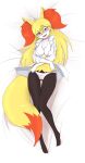  1girl :3 absurdres animal_ear_fluff animal_ears animal_nose artist_name ass_visible_through_thighs bangs barefoot black_fur blonde_hair blush body_fur braixen breasts cameltoe claws collarbone collared_shirt commentary commission crossed_arms dakimakura_(medium) dated english_commentary eryz eyebrows_visible_through_hair fangs fox_ears fox_girl fox_tail from_above full_body furry gen_6_pokemon glasses happy head_tilt highres knees_together_feet_apart light_blush long_hair long_sleeves looking_at_viewer lying medium_breasts navel no_bra on_back open_clothes open_mouth open_shirt panties personification pince-nez pink_panties pokemon pokemon_(creature) red_eyes rimless_eyewear shiny shiny_hair shirt sidelocks signature simple_background smile solo tail teeth thigh_gap underwear white_background white_fur white_shirt yellow_fur 