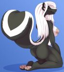  2021 anthro big_breasts biped breasts butt digital_media_(artwork) fangs feet female fur grumpy_griffin_creations hair hi_res looking_at_viewer looking_back mammal mephitid nipples nude pawpads paws pinup pinup_pose pose raised_tail simple_background skunk smile smug solo toes vampire 