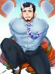  1boy aqua_shirt bara beard black_pants blush broken_horn bulge bursting_pecs collared_shirt demon_boy demon_horns egg erection erection_under_clothes facial_hair foot_out_of_frame formal happi highres horns japanese_clothes kimono_removed large_pectorals live_a_hero looking_at_viewer male_cleavage male_focus mature_male muscular muscular_male navel necktie nessen_(live_a_hero) pants pectorals pov shirt short_hair solo_focus spread_legs thick_thighs thighs tptptpn 