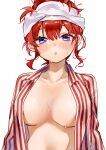  1girl :o blue_eyes blush breasts character_request collared_shirt dress_shirt go-toubun_no_hanayome hair_up highres large_breasts long_sleeves looking_at_viewer memidesuyo naked_shirt open_clothes open_shirt pajamas red_hair shirt solo striped striped_shirt towel towel_on_head upper_body vertical-striped_shirt vertical_stripes wet 