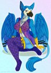  2021 anthro avian beak big_breasts biped breasts clothed clothing digital_media_(artwork) feathered_wings feathers feet female fingers fur grumpy_griffin_creations gryphon hi_res legwear lingerie looking_at_viewer mythological_avian mythology pinup pinup_pose pose simple_background smile smug solo stockings thigh_highs topwear wings 