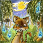  2004 anthro biped blue_eyes brown_body brown_fur detailed_background domestic_cat duo fangs felid feline felis fur low_res mammal moon neginoheya night outside plant red_eyes scar tree 