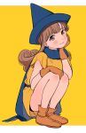  1girl alena_(dq4) blush boots brown_eyes brown_hair cape curly_hair dragon_quest dragon_quest_iv dress full_body gloves hat head_rest long_hair looking_at_viewer miyama_(kannsannn) pointy_hat simple_background smile solo squatting 