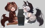  2girls :3 afterimage animal_ears bare_shoulders black_hair blue_eyes bow brown_eyes brown_gloves brown_hair brown_legwear brown_shirt computer dachshund_(kemono_friends)_(nyifu) dog_ears dog_girl dog_tail elbow_gloves eyebrows_visible_through_hair fang gloves grey_legwear hair_bow kemono_friends light_brown_hair multicolored multicolored_clothes multicolored_hair multicolored_legwear multiple_girls no_shoes nyifu open_mouth original pantyhose red_bow shirt short_hair sitting sleeveless squatting tail tail_wagging translated wariza white_gloves white_hair white_legwear white_shirt 