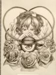  1girl expressionless eyeball eyelashes fingernails flower frilled_sleeves frills graphite_(medium) hairband heart highres komeiji_satori looking_at_viewer notebook photo_(medium) rose sek-it short_hair solo third_eye touhou traditional_media wide_sleeves 