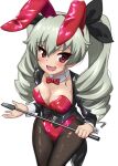  1girl :d anchovy_(girls_und_panzer) animal_ears bangs black_jacket black_ribbon bow bowtie bunny_ears collarbone commentary_request covered_navel detached_collar drill_hair excel_(shena) fake_animal_ears fishnet_legwear fishnets girls_und_panzer green_hair hair_ribbon hairband hands_up highres holding holding_whip jacket leotard long_hair long_sleeves looking_at_viewer open_mouth pantyhose playboy_bunny red_bow red_eyes red_hairband red_leotard ribbon skin_tight smile solo sweatdrop twin_drills twintails wavy_mouth white_background wrist_cuffs 