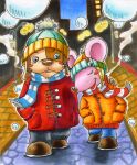  2004 anthro blue_eyes blush bottomwear brown_body brown_fur canid canine canis clothing detailed_background domestic_dog duo fur hat headgear headwear humanoid_hands mammal mouse murid murine neginoheya night outside pants pink_body pink_fur rodent scarf sweater topwear 