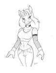  2008 anthro better_version_at_source choker clothed clothing datroll ear_piercing equid equine female hair hi_res horn jewelry mammal midriff monochrome necklace piercing pose signature simple_background smile solo standing traditional_media_(artwork) unicorn white_background 