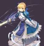  1girl ahoge armor armored_boots armored_dress artoria_pendragon_(all) blonde_hair blue_dress blue_eyes blue_ribbon boots braid breastplate dark_background dress excalibur_(fate/stay_night) eyebrows_visible_through_hair fate/stay_night fate_(series) french_braid full_body gauntlets glowing glowing_sword glowing_weapon hair_ribbon highres juliet_sleeves long_sleeves looking_at_viewer puffy_sleeves purple_background ribbon ryou_(ponpgo) saber simple_background smile solo standing sword weapon 
