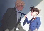  2boys amuro_tooru bangs black-framed_eyewear blazer blonde_hair blue_eyes blue_jacket blue_neckwear blurry bow bowtie brown_hair buttons child collared_shirt commentary_request depth_of_field edogawa_conan eye_contact formal from_side glasses grey_jacket grey_shorts grey_suit hair_between_eyes hand_in_pocket height_difference jacket k_(gear_labo) leaning_forward long_sleeves looking_at_another male_focus meitantei_conan multiple_boys necktie necktie_grab neckwear_grab parted_lips profile red_bow red_neckwear shadow shirt short_hair shorts smile suit white_shirt 