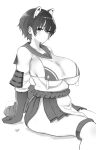  1girl animal_ears arm_guards bikini black_hair breasts elbow_gloves gloves greyscale highres large_breasts meme50 monochrome revealing_clothes sailor_collar short_hair side_slit sideboob sideless_outfit skirt swimsuit thighhighs tsubaki_(blue_archive) untied untied_bikini 