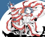  1girl blue_background blue_eyes blue_hair breasts bright_pupils electricity frilled_ribbon frilled_shirt frills hat hat_ribbon highres holding limited_palette ma_sakasama medium_breasts nagae_iku pun red_ribbon ribbon shirt short_hair solo squid touhou white_background white_pupils 