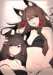  2girls :p absurdres akagi_(azur_lane) amagi_(azur_lane) animal_ear_fluff azur_lane black_bra black_collar black_panties bra breasts brown_hair cleavage collar detached_collar eyebrows_visible_through_hair highres incest large_breasts long_hair lying multiple_girls on_back on_bed one_side_up panties purple_eyes red_eyes samip strapless strapless_bra string_panties tongue tongue_out underwear yuri 