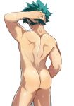  1boy arm_behind_head ass back bare_back boku_no_hero_academia butt_crack curly_hair dimples_of_venus from_behind green_hair male_focus midoriya_izuku muscular nude pink_dynamite09 simple_background solo towel wet wet_hair white_background 