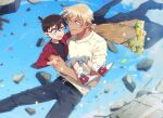  2boys :d amuro_tooru arm_around_shoulder bangs belt black-framed_eyewear black_belt black_jacket black_pants black_shirt blonde_hair blue_background blue_eyes blurry bouquet brown_hair cardigan casual child closed_mouth commentary_request confetti debris depth_of_field edogawa_conan eye_contact flower glasses grey_pants hair_between_eyes height_difference holding holding_bouquet holding_clothes holding_jacket hug jacket jacket_removed k_(gear_labo) looking_at_another male_focus meitantei_conan midriff_peek multiple_boys open_clothes open_jacket open_mouth pants red_jacket shirt shoes short_hair smile sneakers socks v-shaped_eyebrows white_cardigan white_legwear wind 