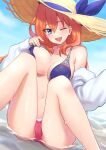 1girl bare_legs beach bikini bikini_tug blue_bikini blue_eyes blue_ribbon blue_sky blush breasts cleavage cloud cloudy_sky commentary day eyebrows_visible_through_hair hair_between_eyes hat hat_ribbon highres jacket large_breasts lips long_hair looking_at_viewer m_legs marina_(world_flipper) navel off_shoulder one_eye_closed open_clothes open_jacket open_mouth orange_hair outdoors partially_submerged pink_bikini ribbon sitting sky smile solo spread_legs straw_hat swimsuit taotao thighs two-tone_bikini water wet white_jacket world_flipper 