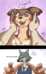  &lt;3 2021 anthro beastars canid canine canis clothed clothing english_text female fur hand_on_head humor juno_(beastars) legoshi_(beastars) male mammal meme open_mouth real simple_background text wolf xurora 