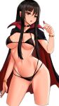  1girl absurdres bangs bikini black_bikini black_cape black_choker black_hair blood bloody_hands bracelet breasts cape choker clyde_s commentary cowboy_shot cropped_legs english_commentary highres jewelry large_breasts looking_at_viewer multi-strapped_bikini navel open_mouth original pointy_ears red_cape red_eyes sidelocks simple_background solo standing straight_hair string_bikini swimsuit two-sided_cape two-sided_fabric white_background 
