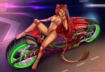  2020 anthro areola biped black_nose breasts claws cybernetics cyborg dyv3ke english_text felid female hair lion long_hair machine mammal motorcycle navel nipples nude one_eye_closed pantherine paws pink_nipples pinup pose red_eyes red_hair romanginzburg signature solo tail_tuft text tuft vehicle yellow_body 