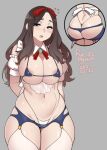  1girl agawa_ryou areola_slip areolae arms_behind_back ass belly blue_eyes blush bow brown_hair commentary english_commentary flying_sweatdrops from_behind grey_background hair_bow long_hair multiple_views navel original simple_background thick_thighs thighs 