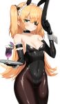  1girl animal_ears bangs black_bow black_choker black_gloves black_leotard blonde_hair blush bow breasts brown_legwear choker cleavage closed_mouth commentary covered_navel cup drink drinking_glass elbow_gloves eyebrows_visible_through_hair eyepatch fake_animal_ears fischl_(genshin_impact) frilled_choker frills genshin_impact gloves green_eyes hair_bow hair_over_shoulder hand_up highres holding holding_tray leotard long_hair looking_at_viewer maid_headdress medium_breasts pantyhose playboy_bunny simple_background solo strapless strapless_leotard symbol_commentary tray two_side_up very_long_hair w.k white_background wrist_cuffs 
