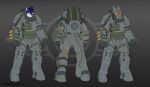  2021 anthro armor bethesda_softworks biped black_nose blue_body blue_fur blue_hair countershade_face countershade_fur countershading english_text fallout fur hair hi_res hyaenid inner_ear_fluff knife male mammal multiple_angles red_eyes romanginzburg signature solo text tuft video_games white_body white_fur 
