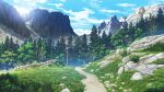  absurdres artist_request bush cloud english_commentary existence game_cg grass highres landscape mountain no_humans outdoors rock scenery second-party_source sky trail tree 