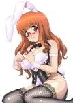  1girl :| absurdres adjusting_clothes adjusting_leotard animal_ears bangs bare_shoulders blunt_bangs blush bow bowtie breasts brown_eyes brown_hair bunny_tail closed_mouth commentary_request excel_(shena) fake_animal_ears fake_tail fishnet_legwear fishnets from_side girls_und_panzer glasses highres kneeling large_breasts leotard long_hair looking_at_viewer orange_hair playboy_bunny red-framed_eyewear semi-rimless_eyewear simple_background tail takebe_saori thighhighs under-rim_eyewear vest wavy_mouth white_background wrist_cuffs 