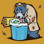  1:1 2004 anthro black_nose blue_body blue_fur clothed clothing fur hat headgear headwear kemono leaf low_res male mammal solo tongue tongue_out trash_can ursid yamainudo 